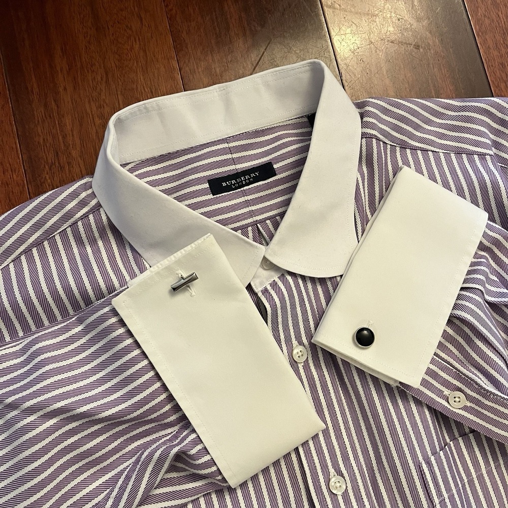Burberry London Dress Shirt Mens Size 20 37 T Purple Stripe French Cuff Long Slv